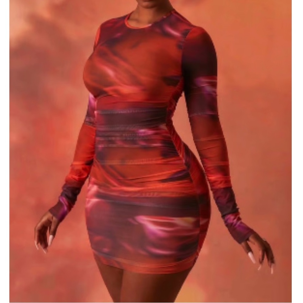Oh Polly Constellations Red Orange Abstract Long Sleeve Ruched Bodycon Dress